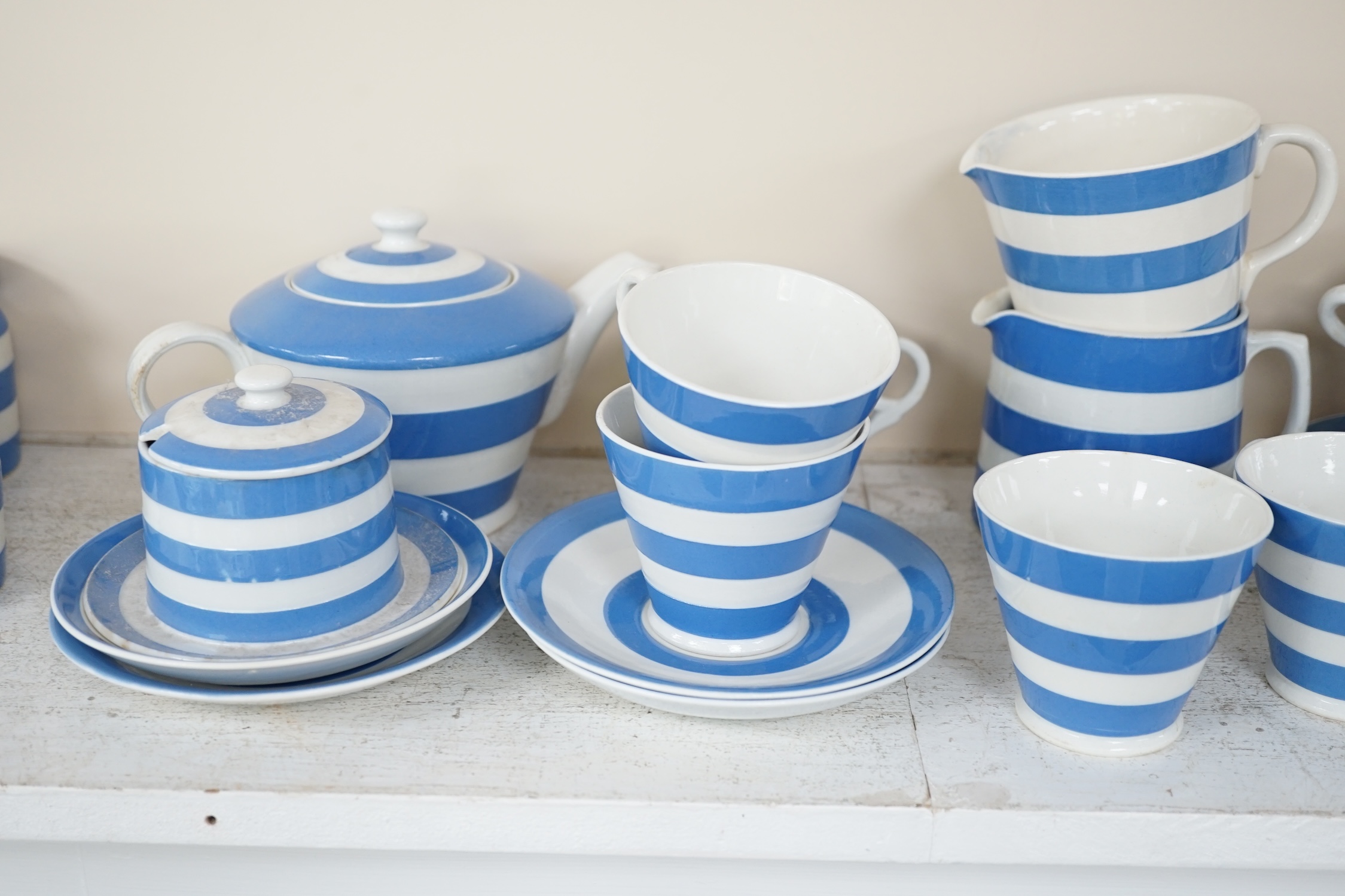 T.G.Green Cornish Kitchenware, a quantity of assorted tableware, to include a part tea set, beakers, sel and sucre shakers, jugs, etc., approximately thirty five pieces, largest 10cm high, mainly Green Shield marks. Cond